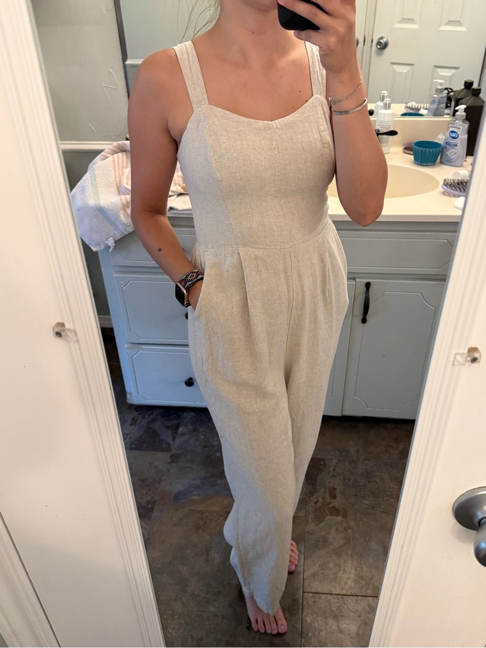 Old Navy Cream Sleeveless Linen-Blend Jumpsuit